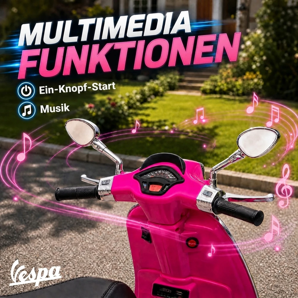 Vaikiškas elektrinis motociklas, licencijuotas Vespa, rožinis, 107 × 47 × 73 cm
