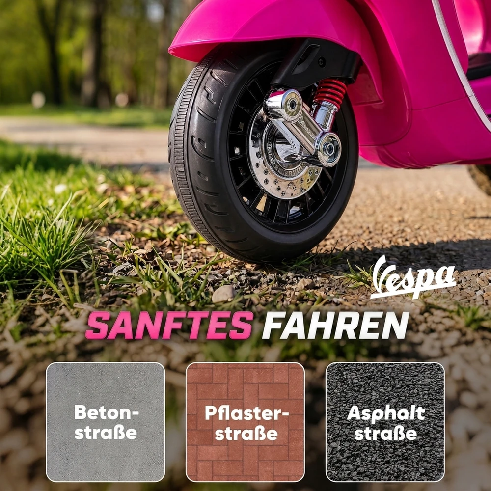Vaikiškas elektrinis motociklas, licencijuotas Vespa, rožinis, 107 × 47 × 73 cm