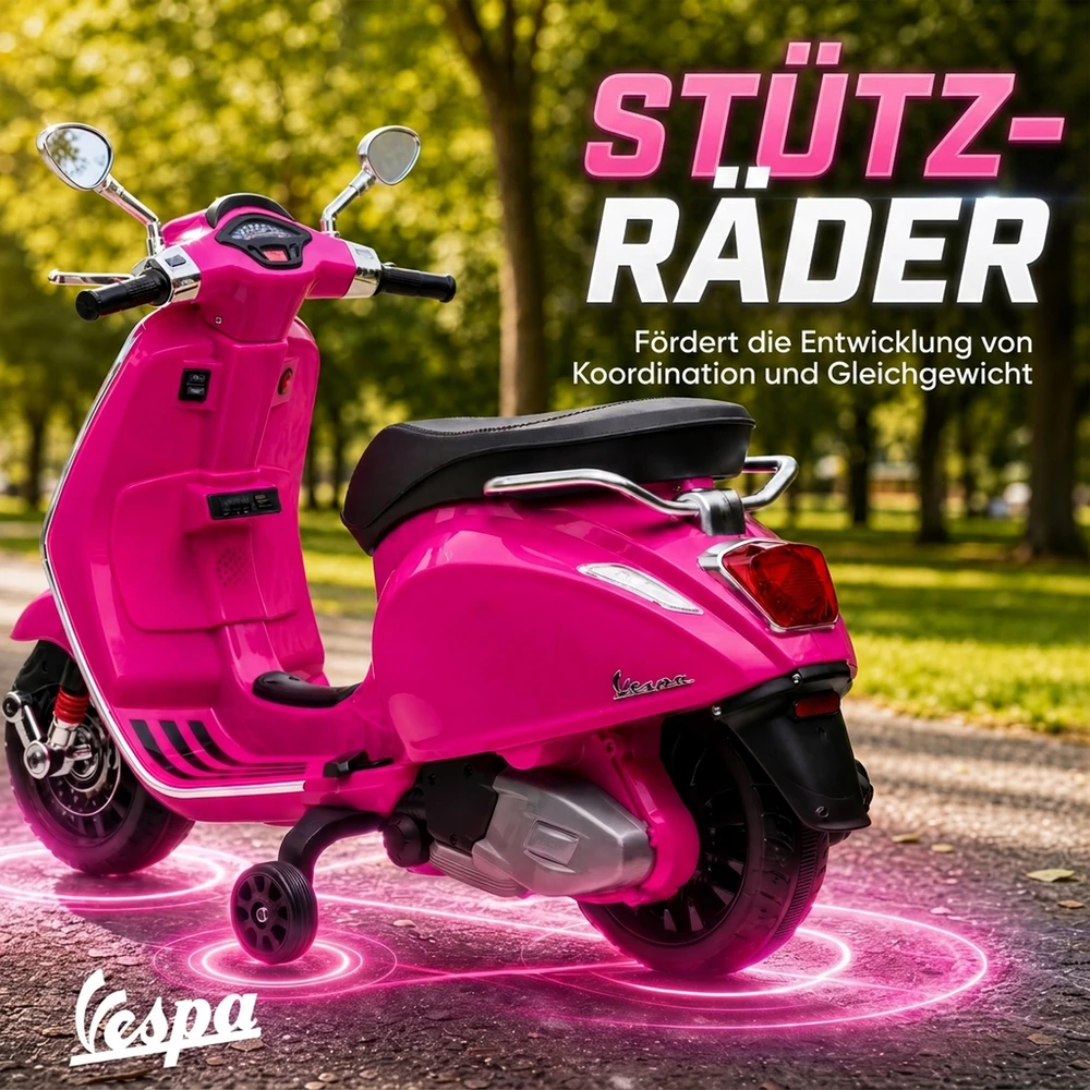 Vaikiškas elektrinis motociklas, licencijuotas Vespa, rožinis, 107 × 47 × 73 cm