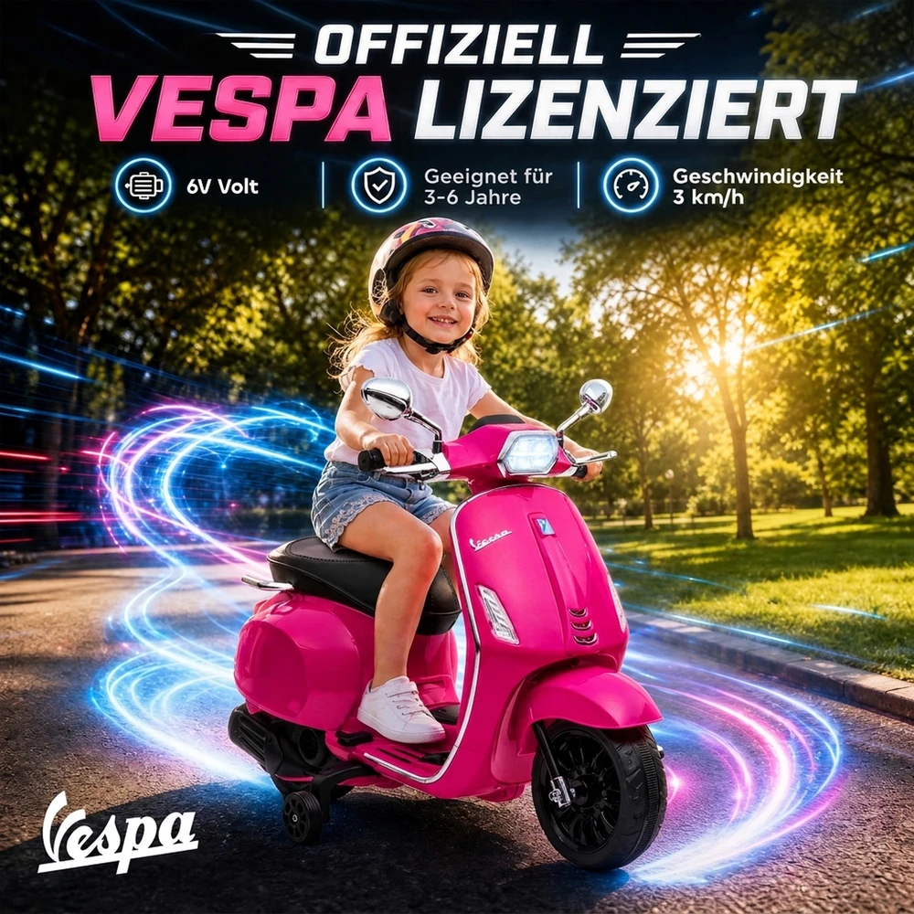 Vaikiškas elektrinis motociklas, licencijuotas Vespa, rožinis, 107 × 47 × 73 cm
