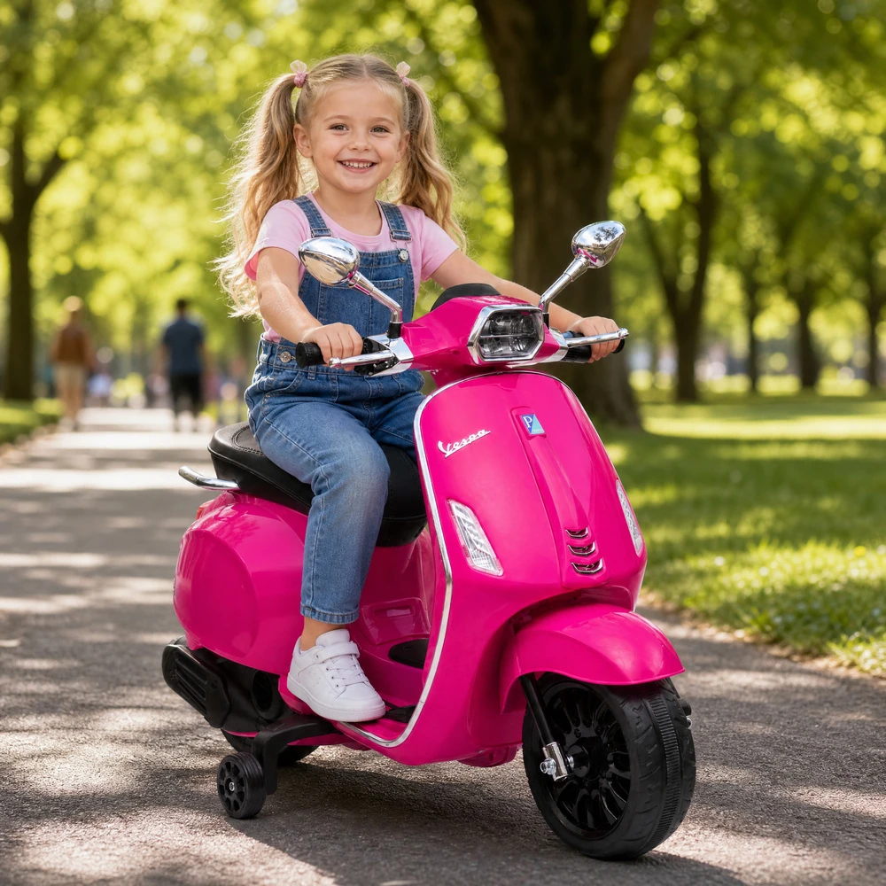 Vaikiškas elektrinis motociklas, licencijuotas Vespa, rožinis, 107 × 47 × 73 cm