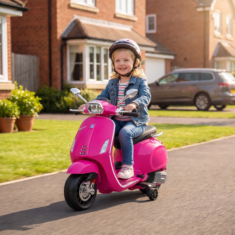 Vaikiškas elektrinis motociklas, licencijuotas Vespa, rožinis, 107 × 47 × 73 cm