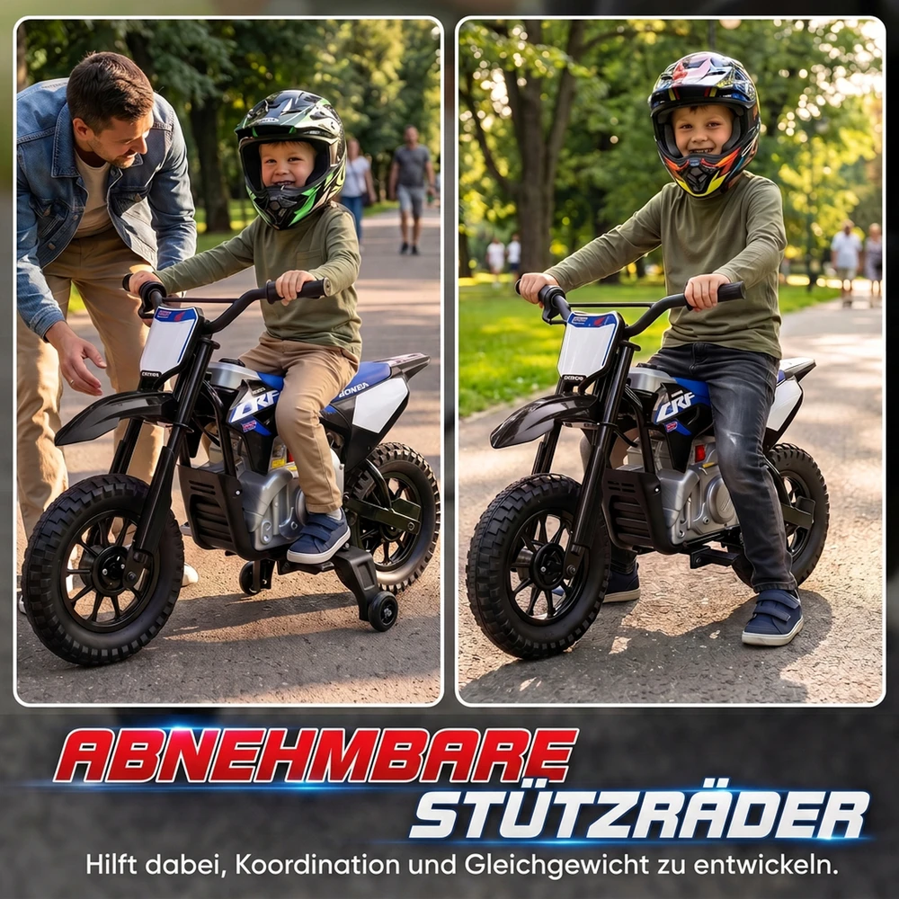 Vaikiškas elektrinis motociklas, licencijuoto HONDA CRF 450R dizaino, juodas ir mėlynas, 104 × 55 × 67 cm