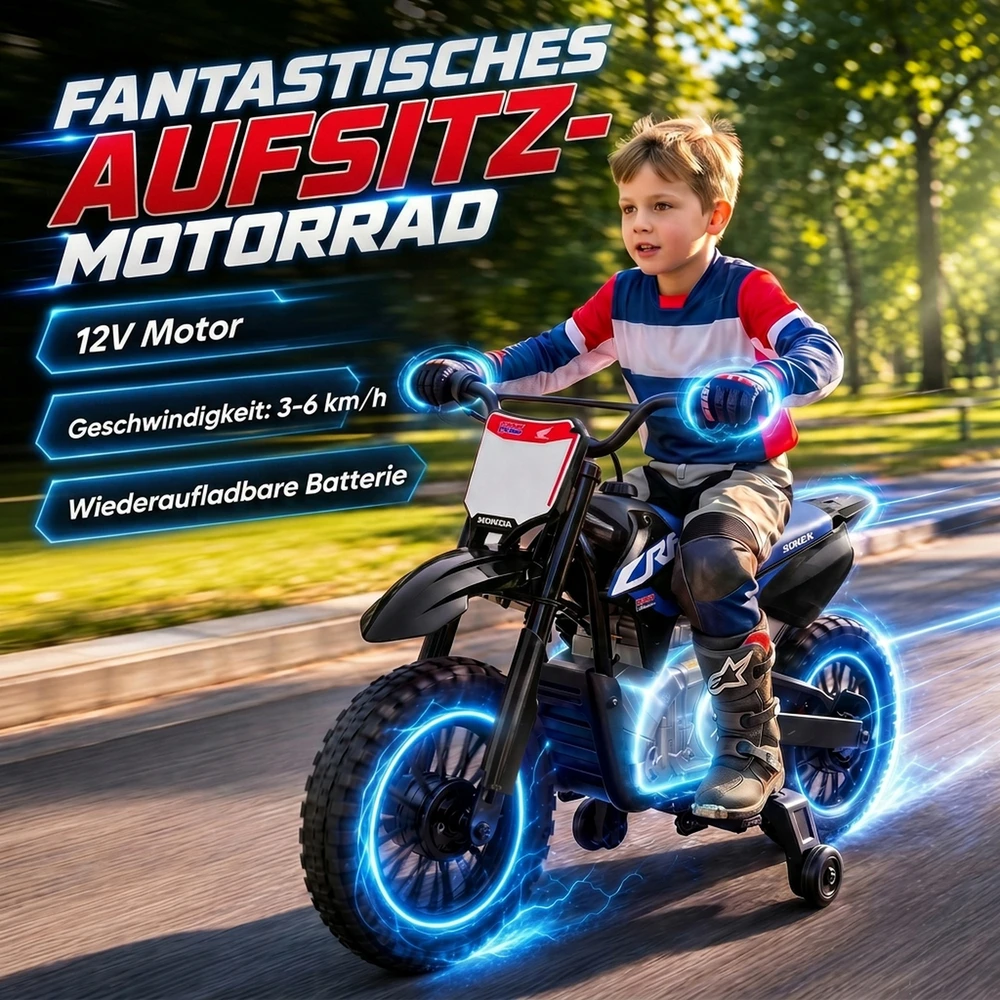 Vaikiškas elektrinis motociklas, licencijuoto HONDA CRF 450R dizaino, juodas ir mėlynas, 104 × 55 × 67 cm