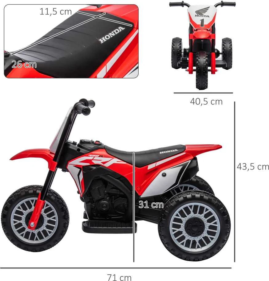 HOMCOM vaikiškas elektrinis motociklas, 6V vaikiškas motociklas su garsiniu signalu, paleidimo muzika, vaikiška transporto priemonė, 3 km/h, 1,5–3 metų vaikams, raudonas