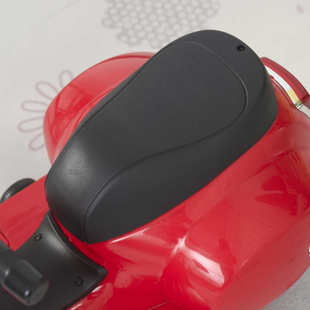 HOMCOM VESPA elektrinis vaikiškas motociklas, 18-36 mėn., 3 km/h, LED šviesos, garsas, PP plastikas, metalas, raudonas, 66,5 x 38 x 52 cm