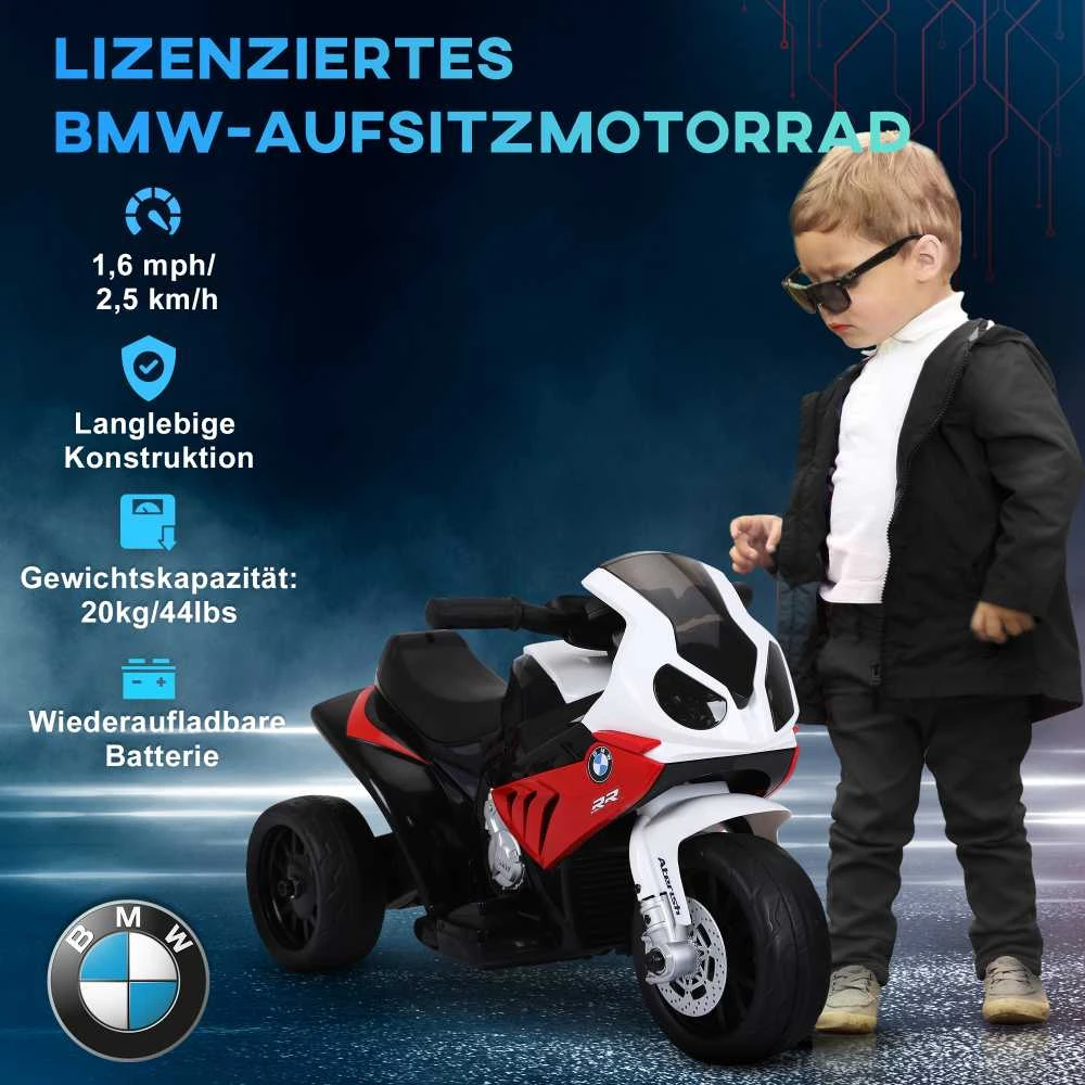 HOMCOM BMW S1000RR licencijuotas elektrinis triratis, vaikiškas motociklas su akumuliatoriumi, vaikiška transporto priemonė, plienas, raudona, 66x37x44 cm