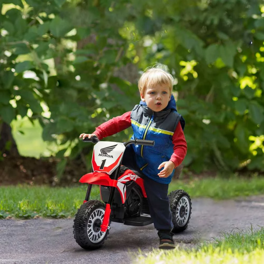 HOMCOM vaikiškas elektrinis motociklas, 6V vaikiškas motociklas su garsiniu signalu, paleidimo muzika, vaikiška transporto priemonė, 3 km/h, 1,5–3 metų vaikams, raudonas