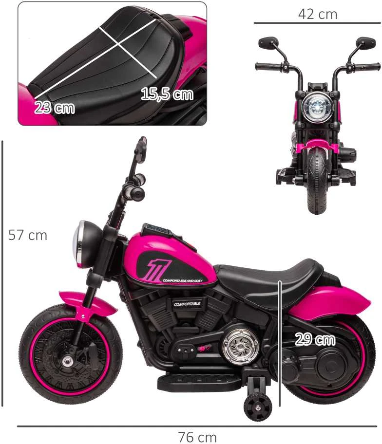 HOMCOM vaikiškas elektrinis motociklas, vaikiška transporto priemonė su 2 nuimamais pagalbiniais ratukais, 1,5-3 km/val., 1,5-3 metų vaikams, rožinė