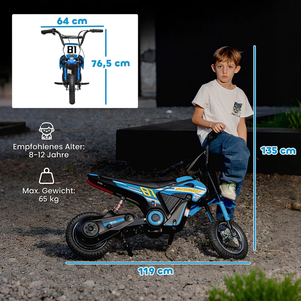 Vaikiškas elektrinis motociklas su 24 V 250 W varikliu ir galine pakaba, mėlynas ir juodas, 119 × 64 × 76,5 cm