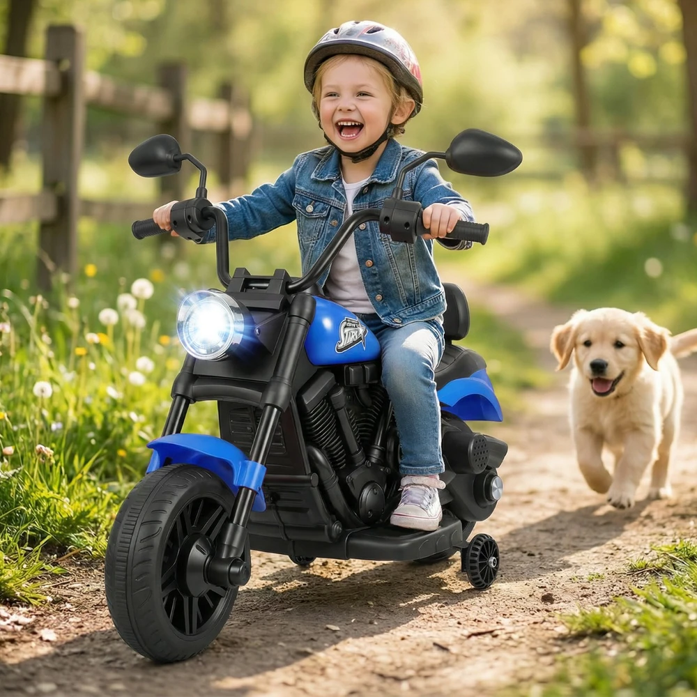 Vaikiškas elektrinis motociklas tamsiai mėlynas