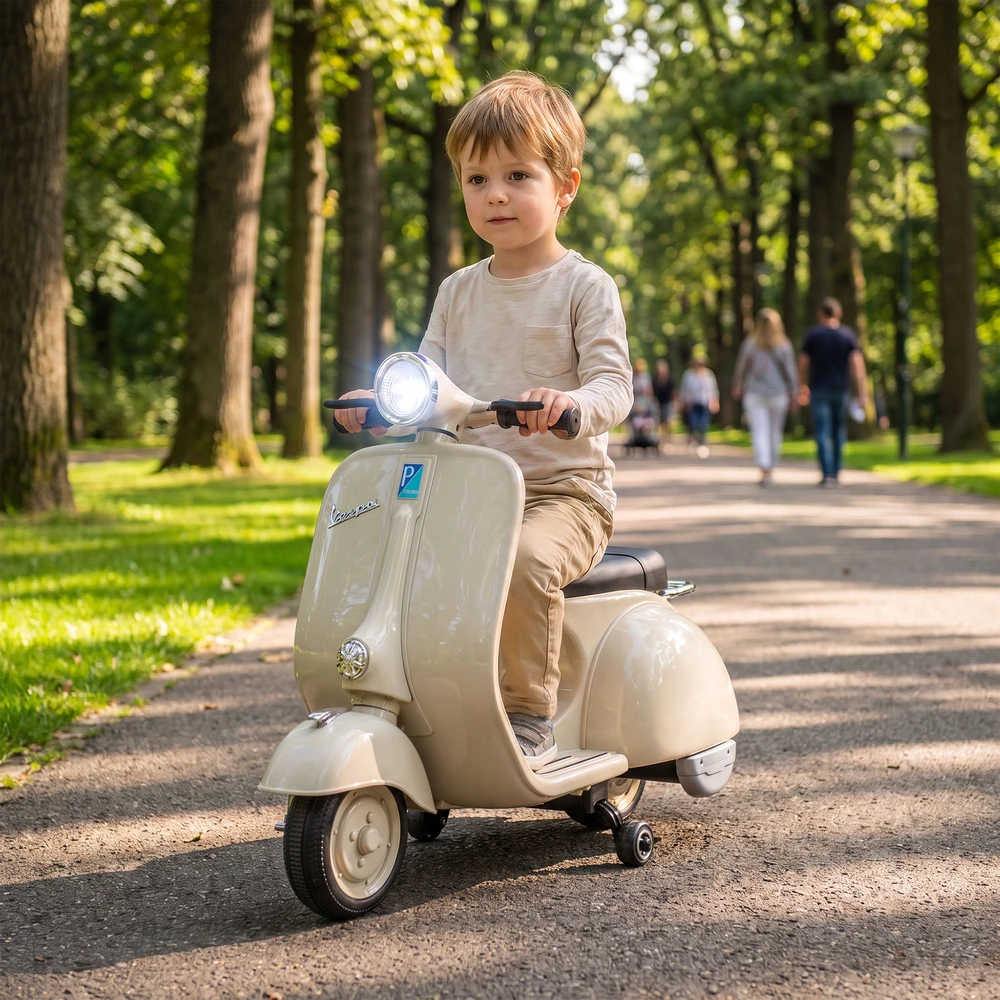 Vaikiškas elektrinis motociklas, VESPA licencijuotas, su nuimamais atraminiais ratukais, baltas, 81 × 37 × 63 cm