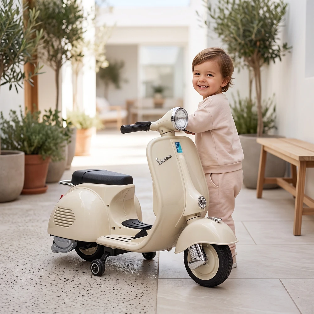 Vaikiškas elektrinis motociklas, VESPA licencijuotas, su nuimamais atraminiais ratukais, baltas, 81 × 37 × 63 cm