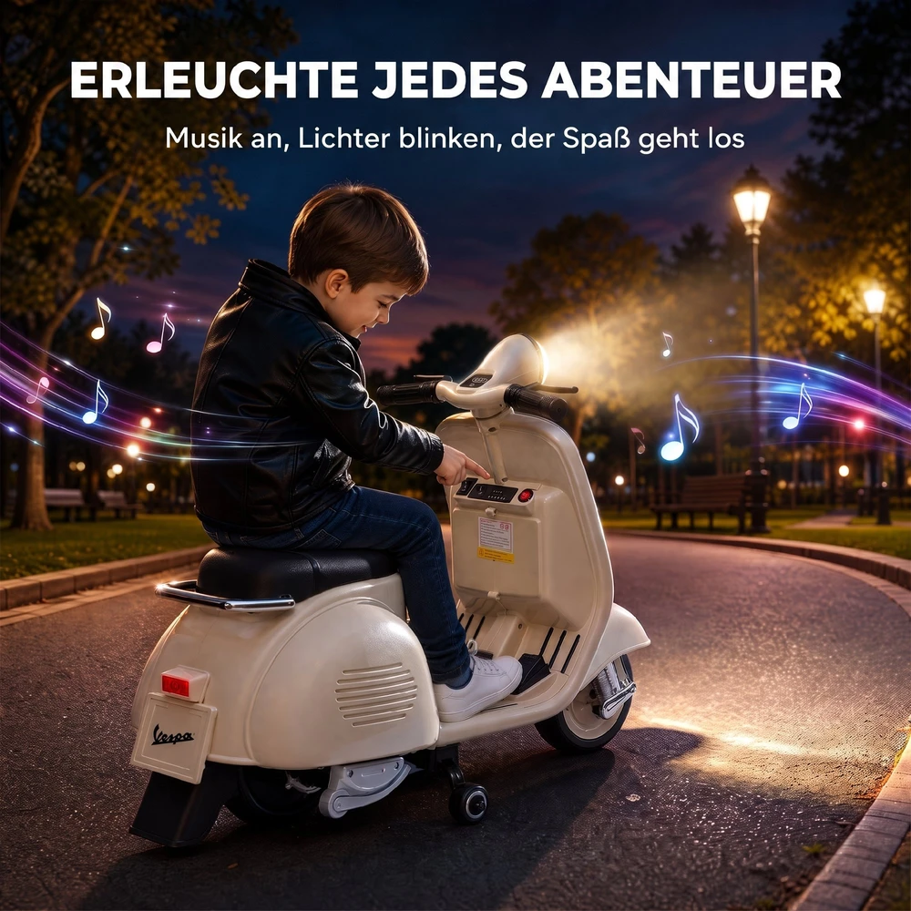 Vaikiškas elektrinis motociklas, VESPA licencijuotas, su nuimamais atraminiais ratukais, baltas, 81 × 37 × 63 cm