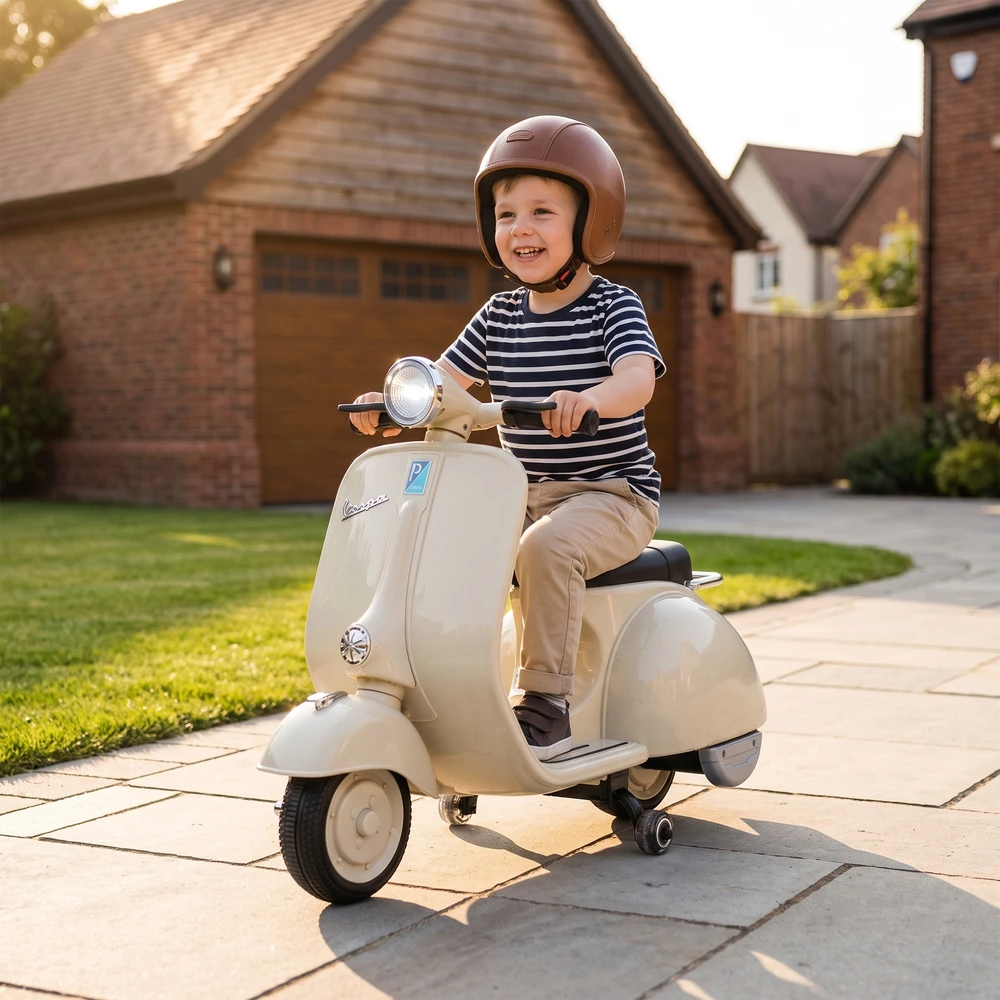 Vaikiškas elektrinis motociklas, VESPA licencijuotas, su nuimamais atraminiais ratukais, baltas, 81 × 37 × 63 cm