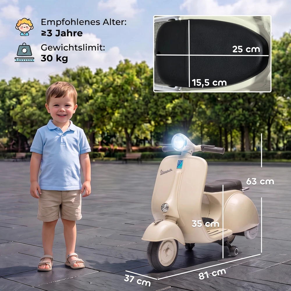 Vaikiškas elektrinis motociklas, VESPA licencijuotas, su nuimamais atraminiais ratukais, baltas, 81 × 37 × 63 cm