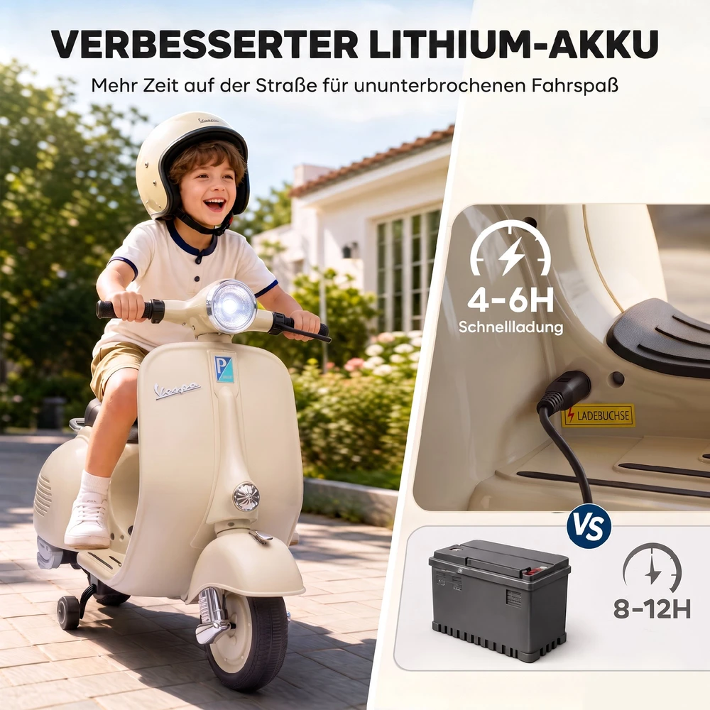 Vaikiškas elektrinis motociklas, VESPA licencijuotas, su nuimamais atraminiais ratukais, baltas, 81 × 37 × 63 cm