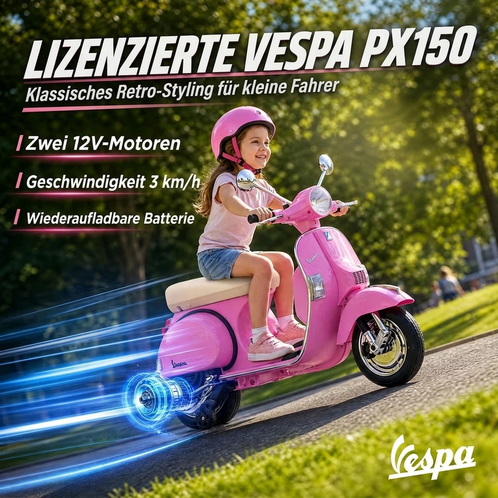 Vaikiškas elektrinis motociklas Vespa PX150, rožinis, 107 × 51 × 80 cm