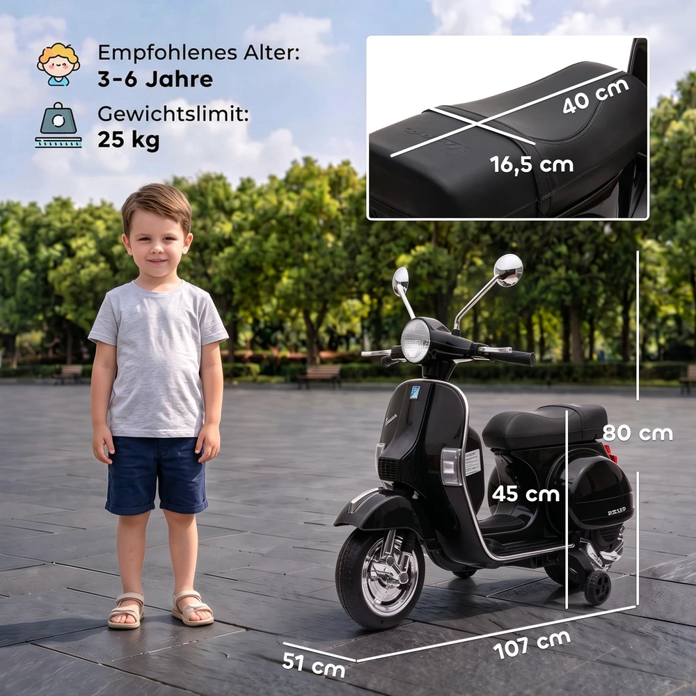 Vaikiškas elektrinis motociklas Vespa PX150 su ličio akumuliatoriumi, juodas, 107 × 51 × 80 cm