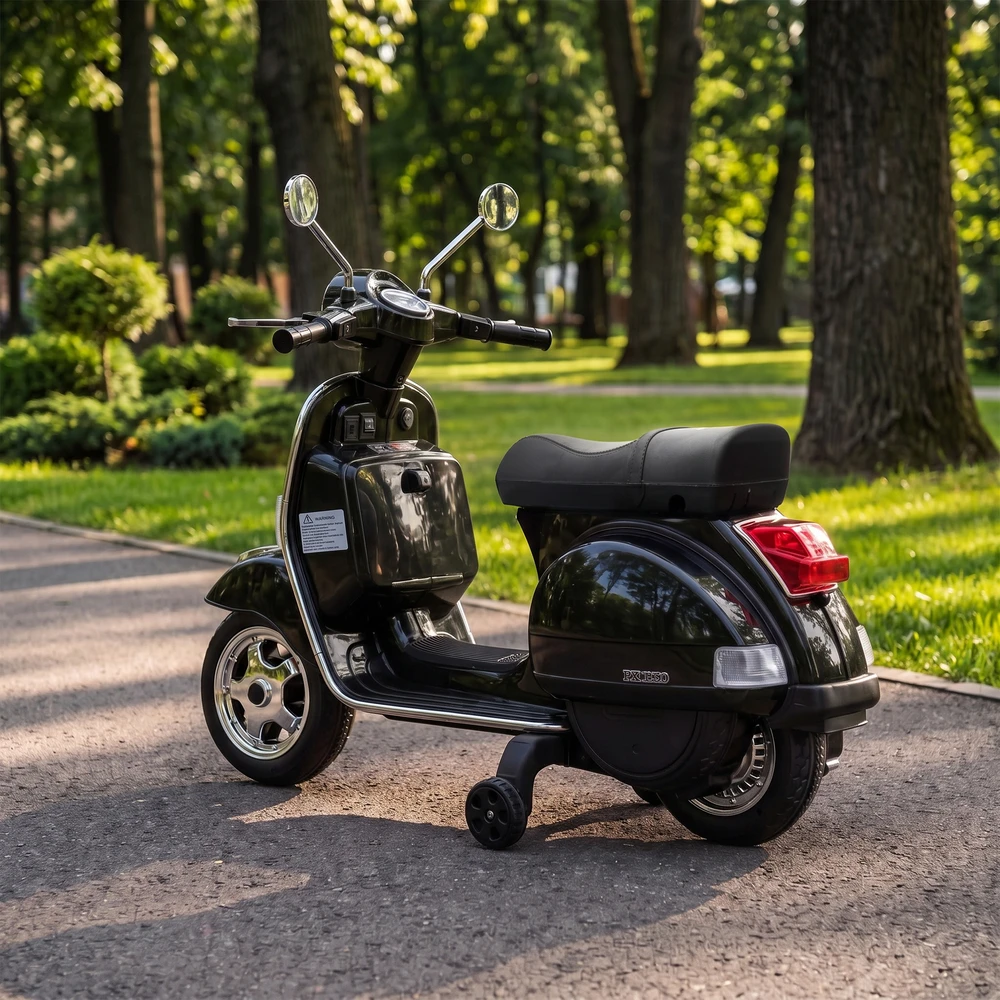Vaikiškas elektrinis motociklas Vespa PX150 su ličio akumuliatoriumi, juodas, 107 × 51 × 80 cm