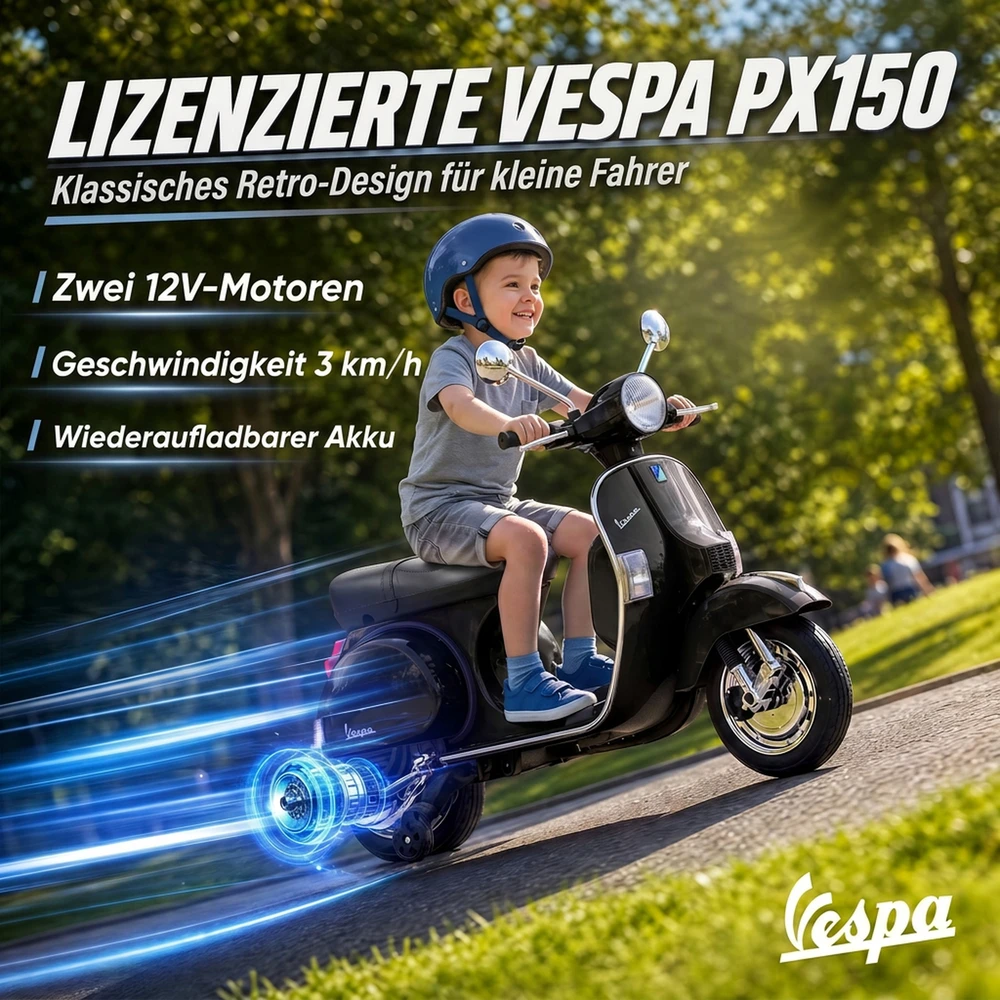 Vaikiškas elektrinis motociklas Vespa PX150 su ličio akumuliatoriumi, juodas, 107 × 51 × 80 cm