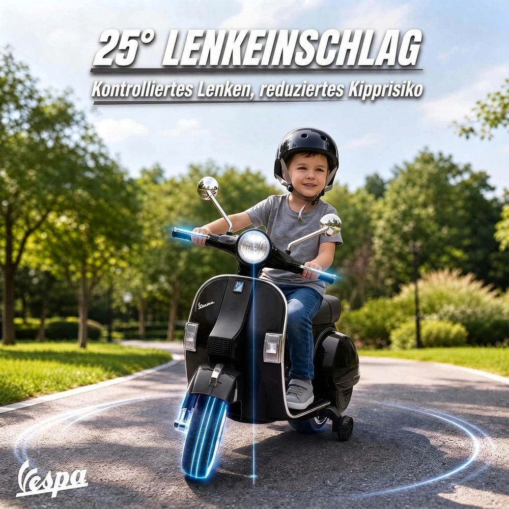 Vaikiškas elektrinis motociklas Vespa PX150 su ličio akumuliatoriumi, juodas, 107 × 51 × 80 cm