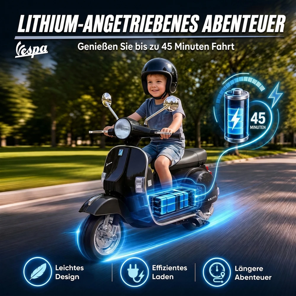 Vaikiškas elektrinis motociklas Vespa PX150 su ličio akumuliatoriumi, juodas, 107 × 51 × 80 cm