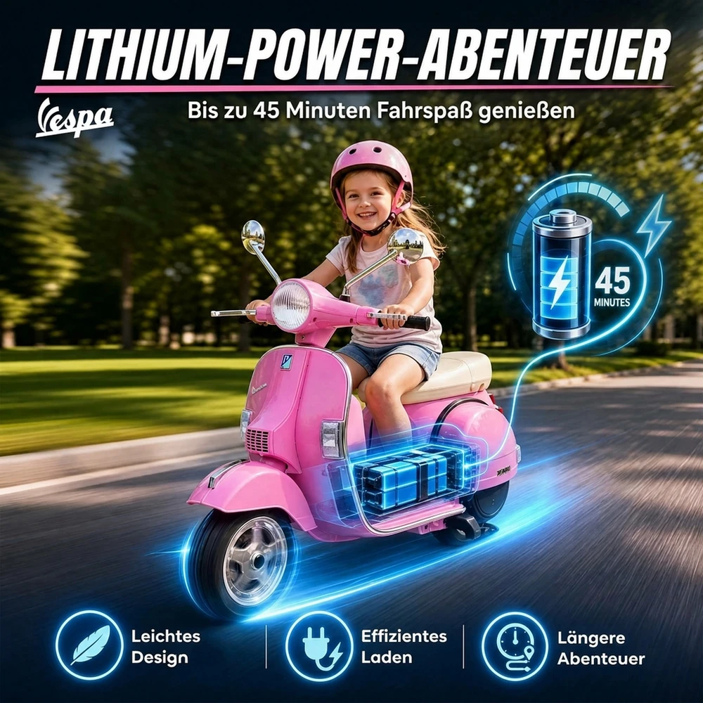 Vaikiškas elektrinis motociklas Vespa PX150, rožinis, 107 × 51 × 80 cm