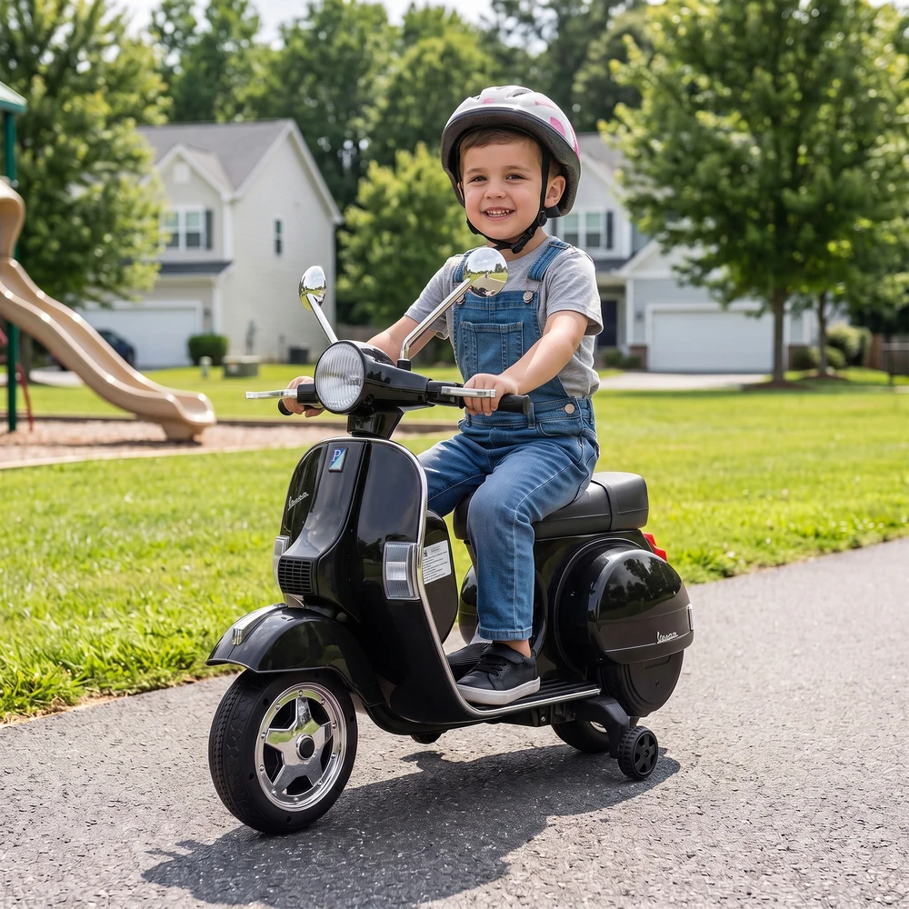 Vaikiškas elektrinis motociklas Vespa PX150 su ličio akumuliatoriumi, juodas, 107 × 51 × 80 cm