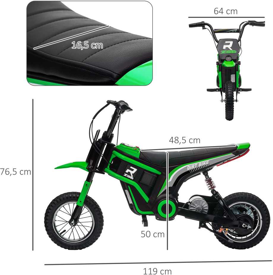 HOMCOM vaikiškas elektrinis motociklas, 12 V vaikiškas motociklas su garsiniu signalu, žibintu, transporto priemonė vaikams su pasukama greičio rankena, 8-16 km/val., 8-12 metų vaikams, žalias | Aosom