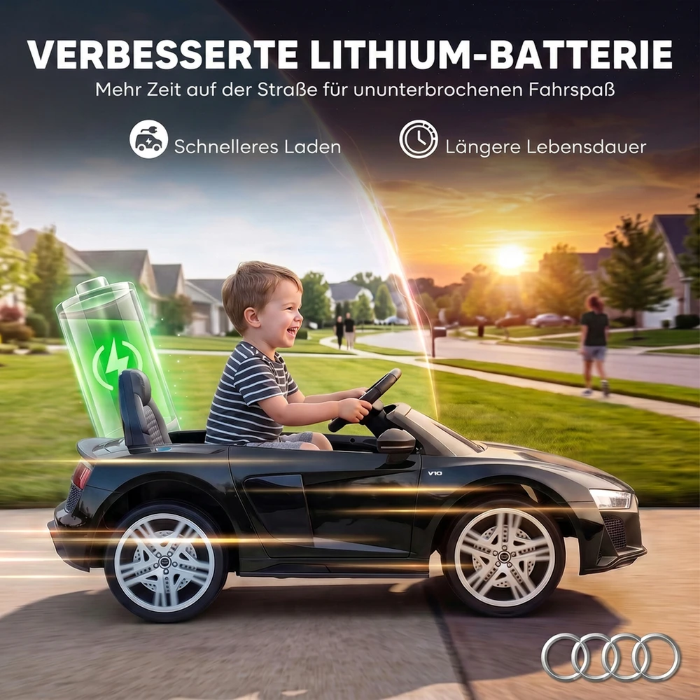 Vaikiškas elektromobilis Audi R8 Spyder su nuotolinio valdymo pultu, juodas, 107 × 58 × 44 cm