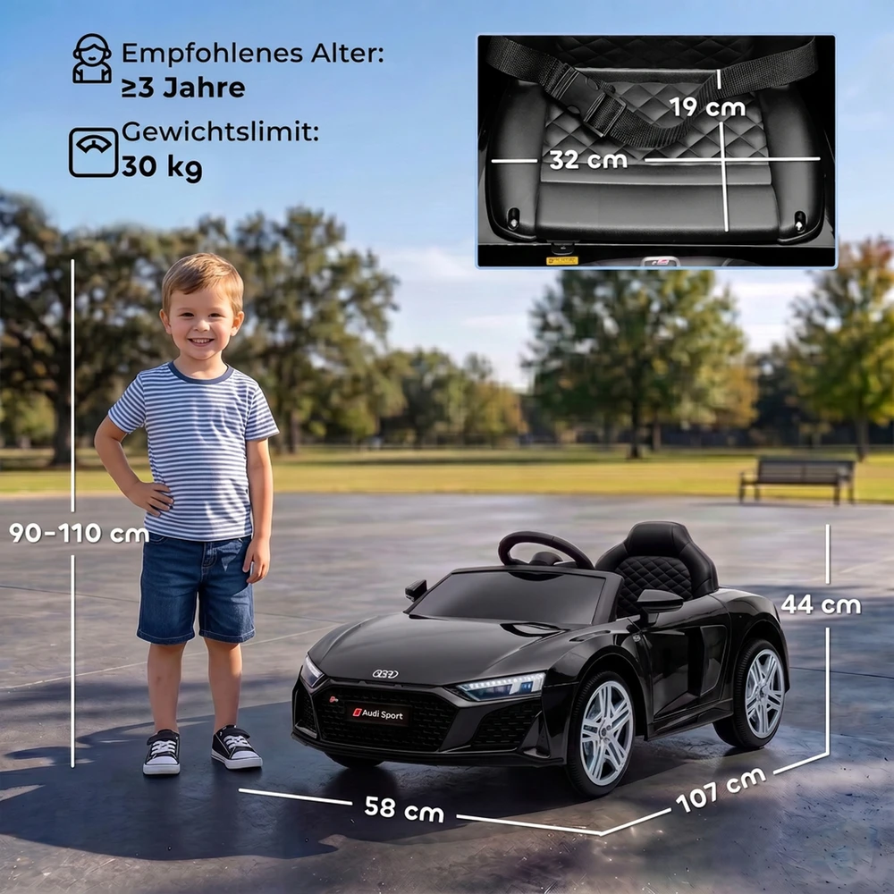 Vaikiškas elektromobilis Audi R8 Spyder su nuotolinio valdymo pultu, juodas, 107 × 58 × 44 cm