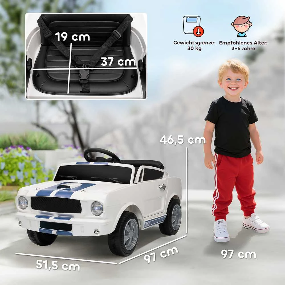 AIYAPLAY vaikiškas elektromobilis 12V su 2,4 GHz nuotolinio valdymo pulteliu, 2 varikliai, garsinis signalas, LED, muzika, baltas