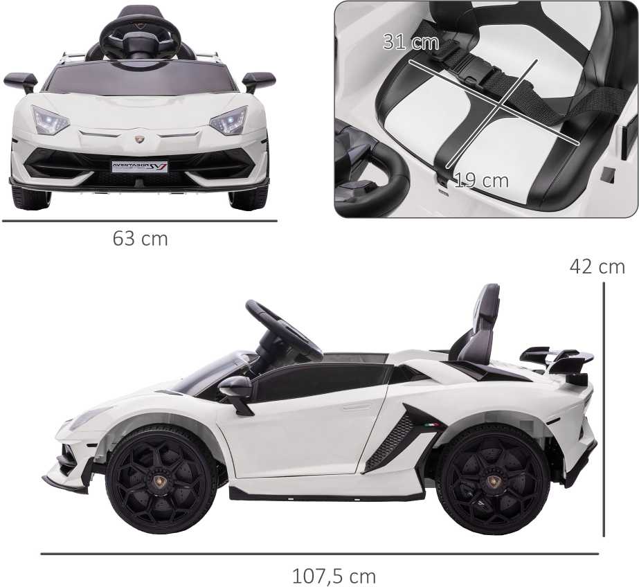 Homcom Vaikiškas elektrinis automobilis 12V Elektrinė transporto priemonė su 2.4G nuotolinio valdymo pulteliu, MP3 grotuvu, garso signalu, šviesomis, 3-5 metų, balta