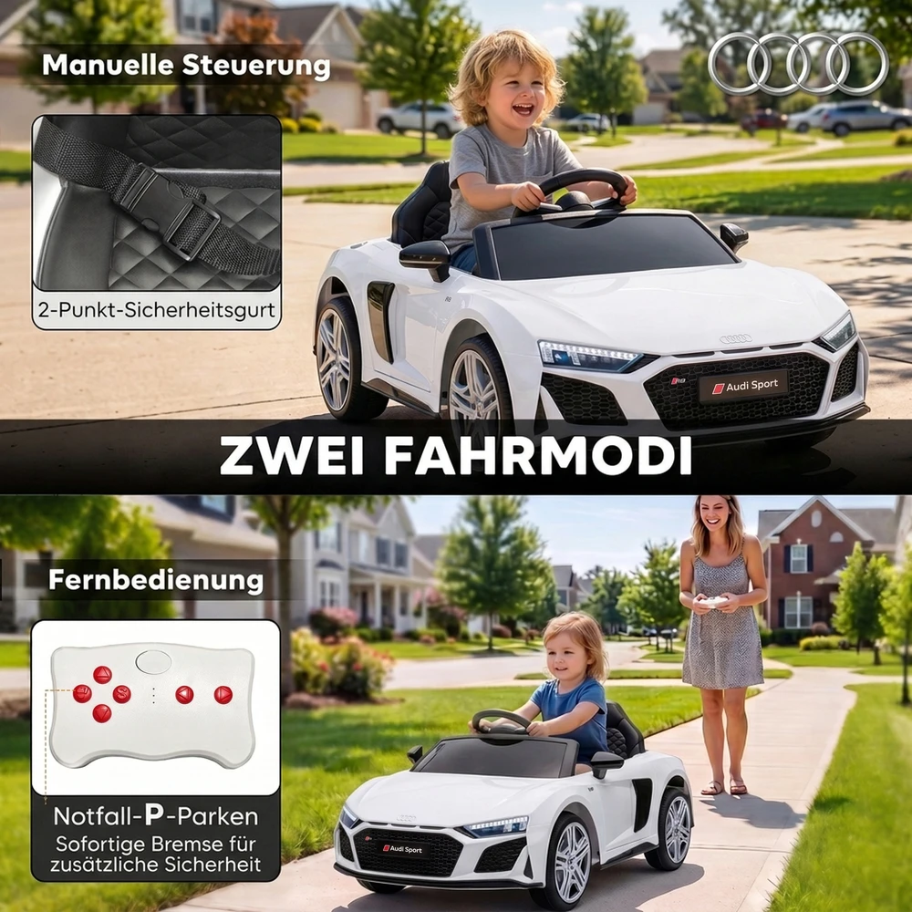 Vaikiškas elektromobilis licencijuotas Audi R8 Spyder su nuotoliniu valdymu, baltas ir juodas, 107 × 58 × 44 cm