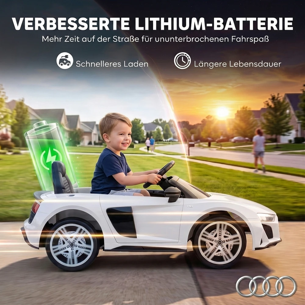 Vaikiškas elektromobilis licencijuotas Audi R8 Spyder su nuotoliniu valdymu, baltas ir juodas, 107 × 58 × 44 cm