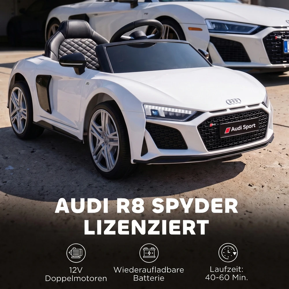 Vaikiškas elektromobilis licencijuotas Audi R8 Spyder su nuotoliniu valdymu, baltas ir juodas, 107 × 58 × 44 cm