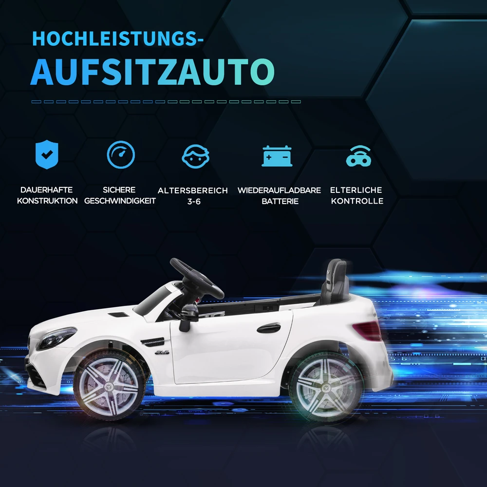 Aiyaplay Elektrinis automobilis vaikams nuo 3 metų, su nuotolinio valdymo pulteliu, LED žibintais, saugos diržu, garso signalu, muzika, baltos spalvos
