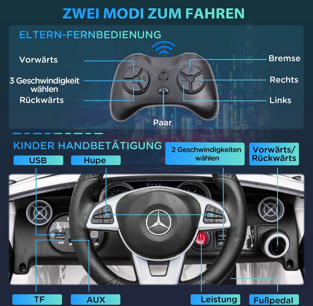 Aiyaplay Elektrinis automobilis vaikams nuo 3 metų, su nuotolinio valdymo pulteliu, LED žibintais, saugos diržu, garso signalu, muzika, baltos spalvos