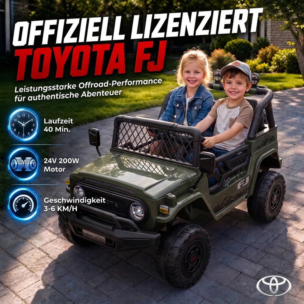 Vaikiškas elektromobilis „Toyota FJ“ su nuotoliniu valdymu, tamsiai žalias ir juodas, 122 × 86 × 88 cm