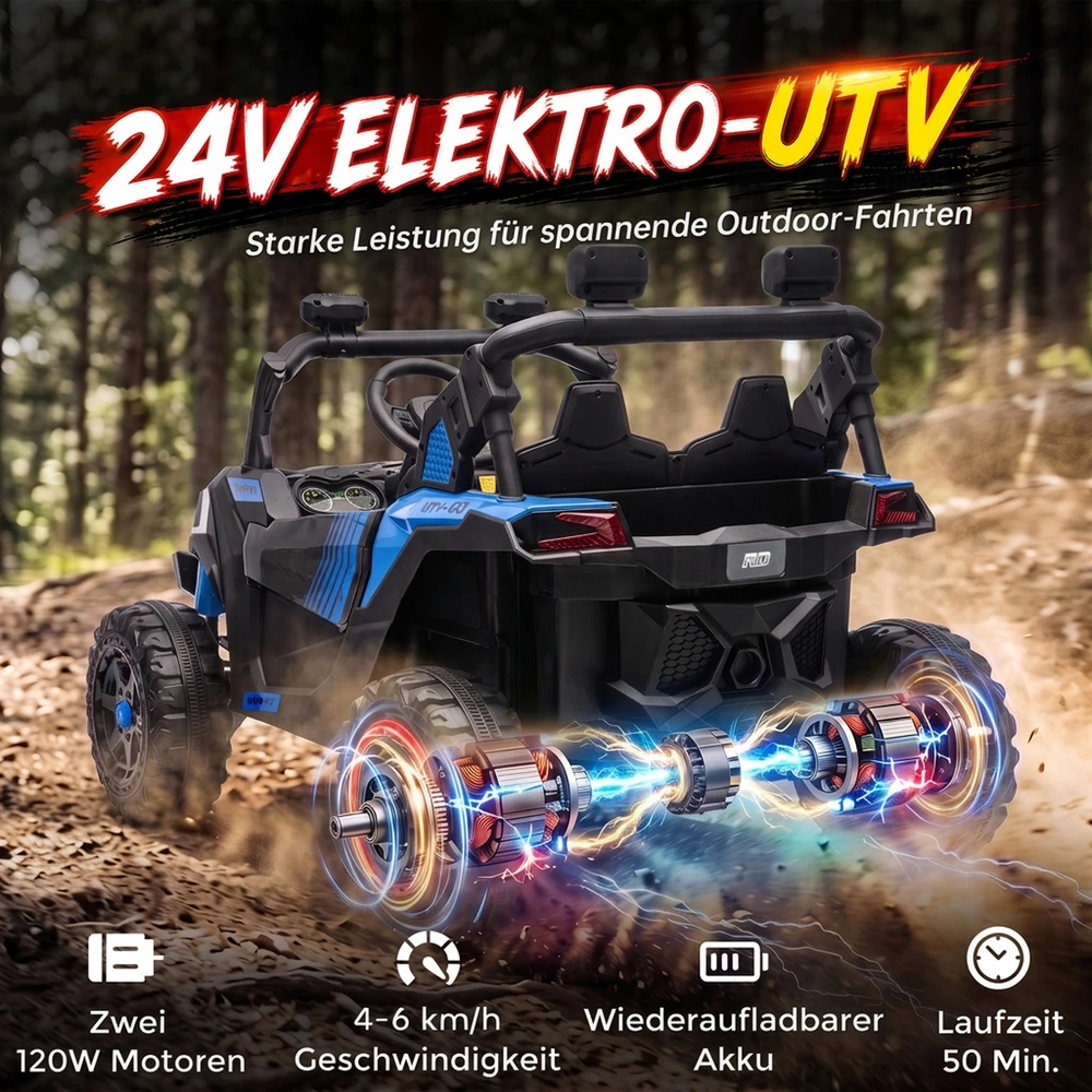 Vaikiškas elektromobilis UTV, dvivietis, 2 × 120 W, mėlynas ir juodas, 121 × 79 × 77 cm