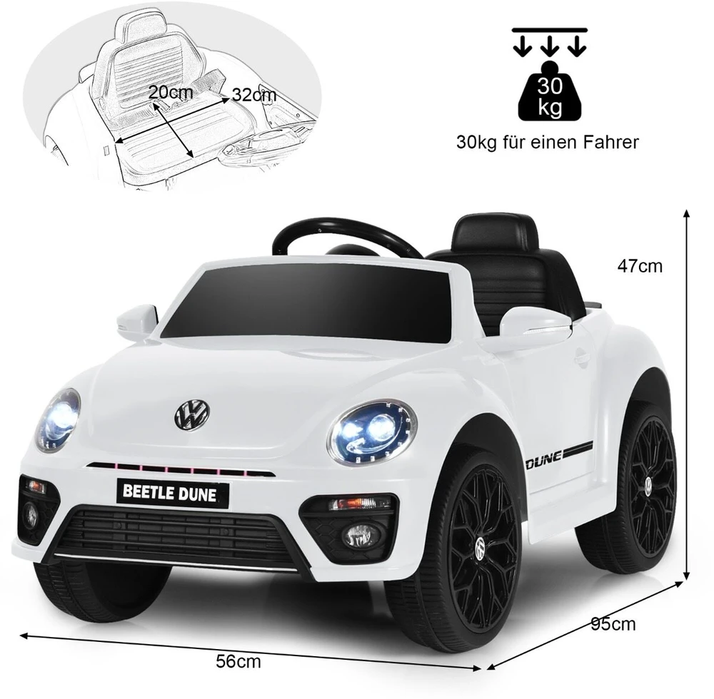 Vaikiškas elektromobilis Volkswagen Beetle su nuotoliniu valdymu, baltas, 94 × 55,5 × 47 cm