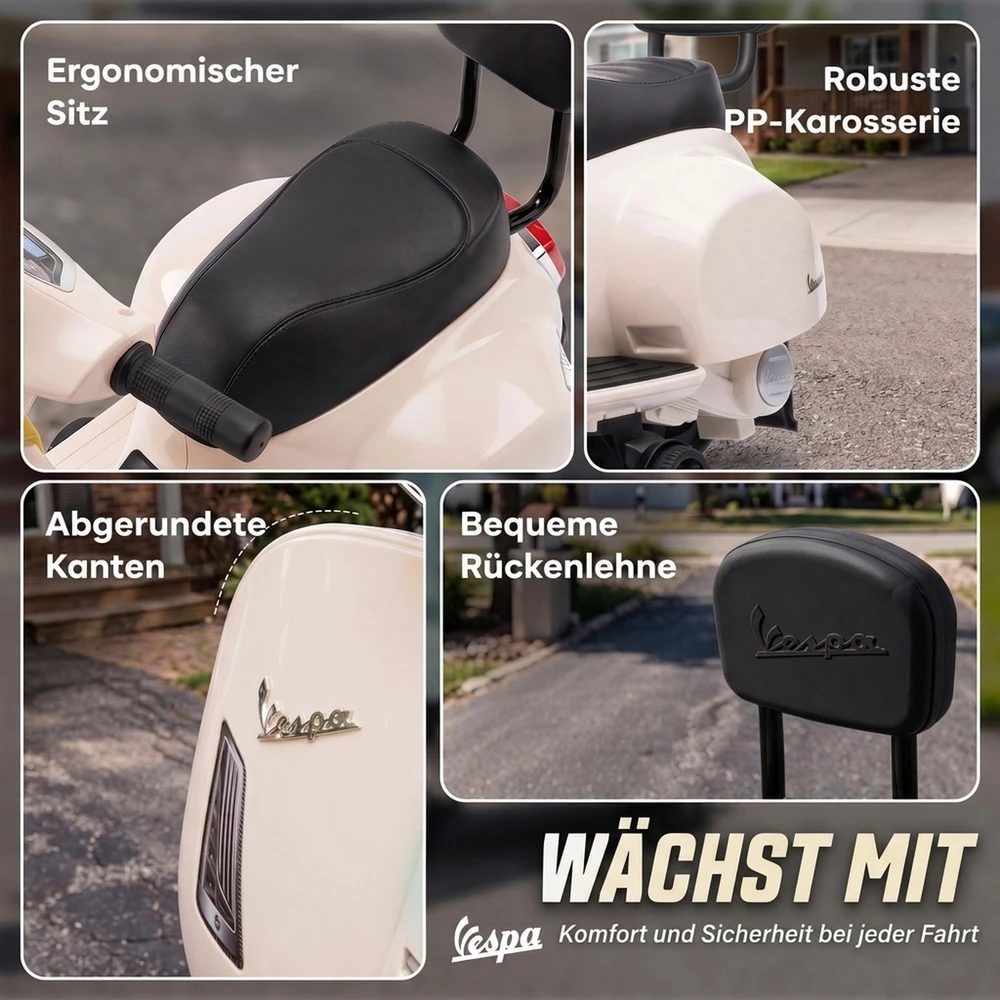 Vaikiškas elektromotociklas Mini Vespa GTS dizaino, su ličio akumuliatoriumi, baltas, 66,5 × 38 × 52 cm