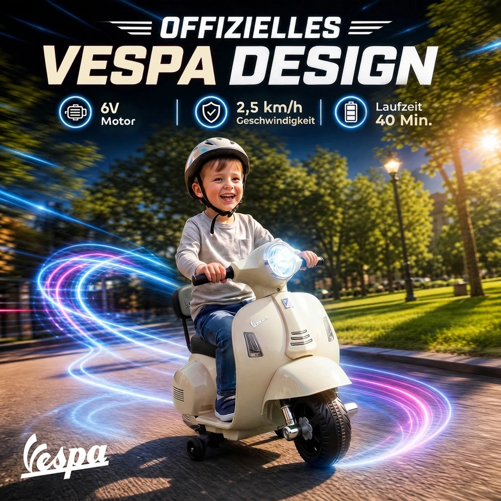 Vaikiškas elektromotociklas Mini Vespa GTS dizaino, su ličio akumuliatoriumi, baltas, 66,5 × 38 × 52 cm