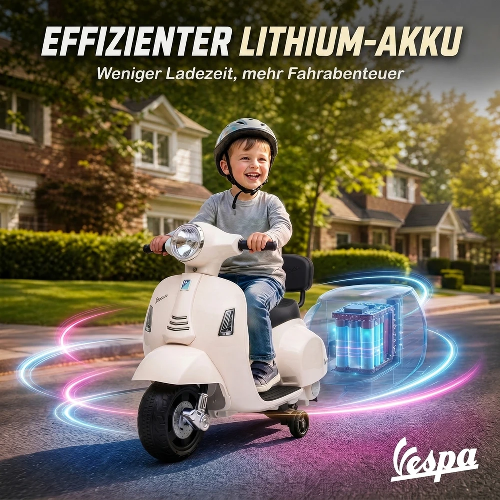 Vaikiškas elektromotociklas Mini Vespa GTS dizaino, su ličio akumuliatoriumi, baltas, 66,5 × 38 × 52 cm
