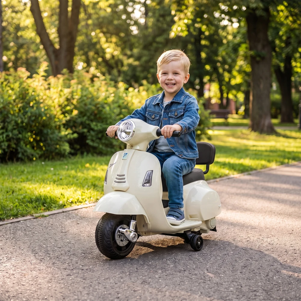 Vaikiškas elektromotociklas Mini Vespa GTS dizaino, su ličio akumuliatoriumi, baltas, 66,5 × 38 × 52 cm
