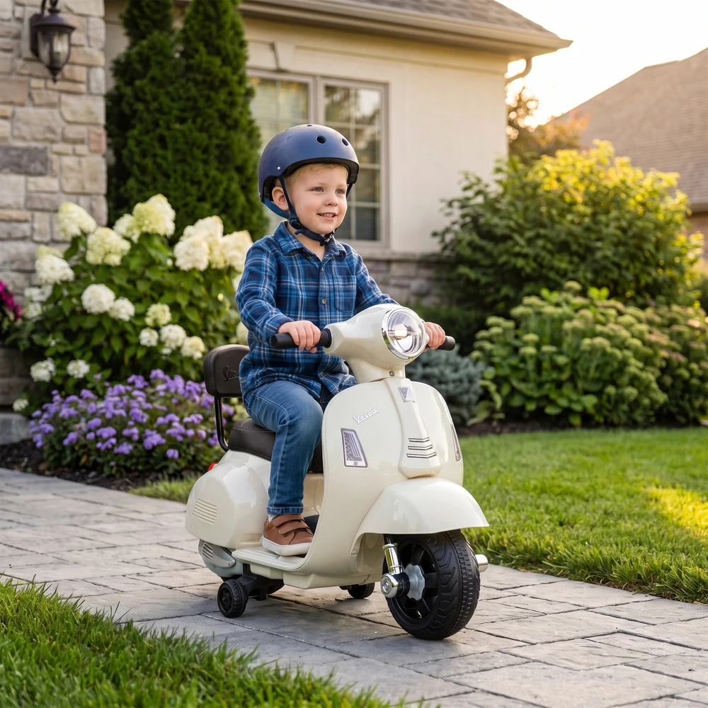 Vaikiškas elektromotociklas Mini Vespa GTS dizaino, su ličio akumuliatoriumi, baltas, 66,5 × 38 × 52 cm