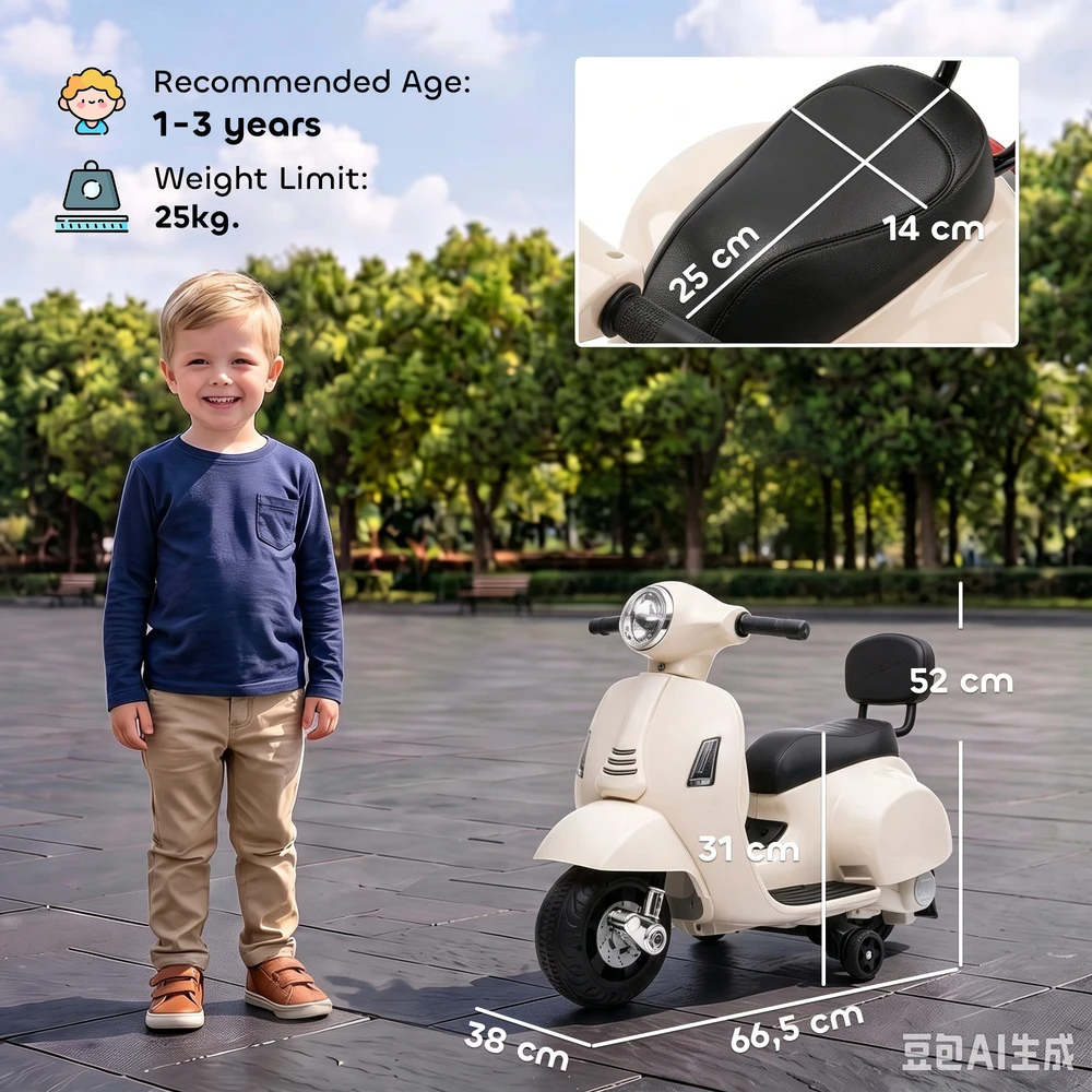 Vaikiškas elektromotociklas Mini Vespa GTS dizaino, su ličio akumuliatoriumi, baltas, 66,5 × 38 × 52 cm