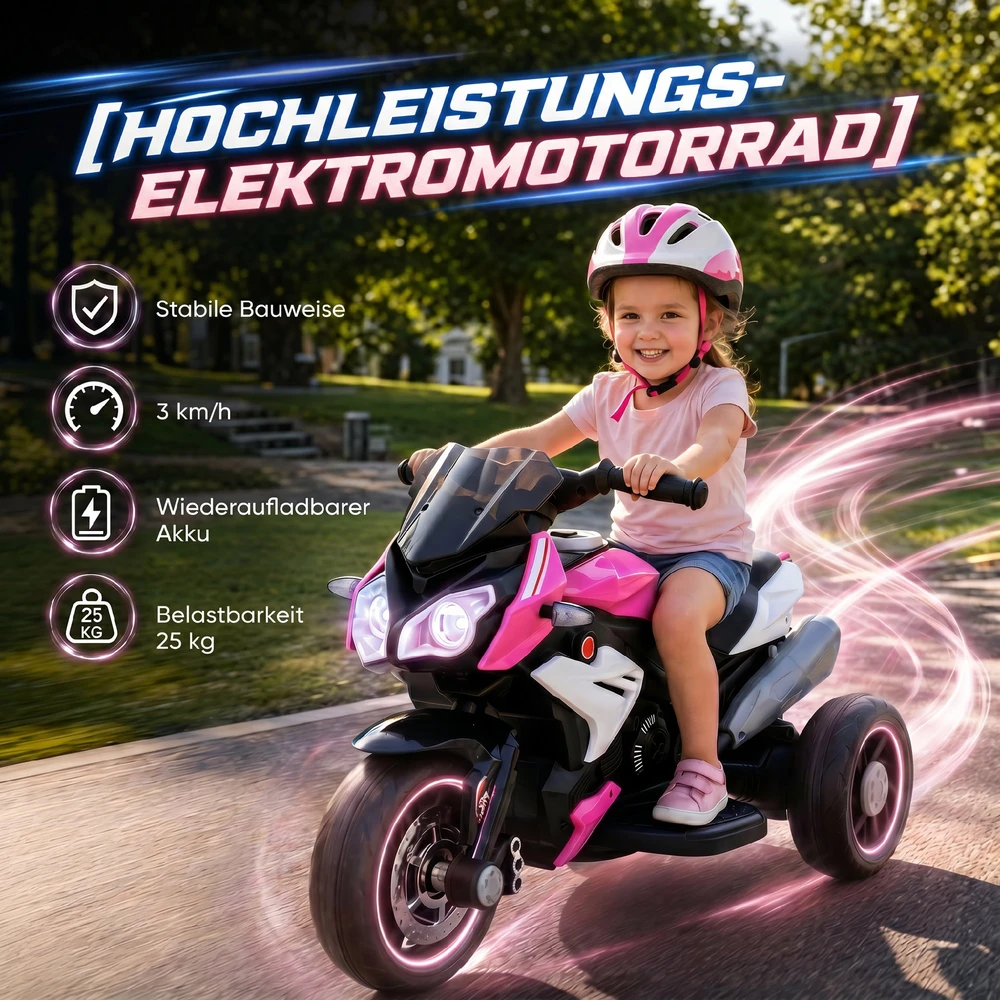 Vaikiškas elektromotociklas su šviesomis ir garsais, rožinis ir baltas, 86 × 42 × 52 cm