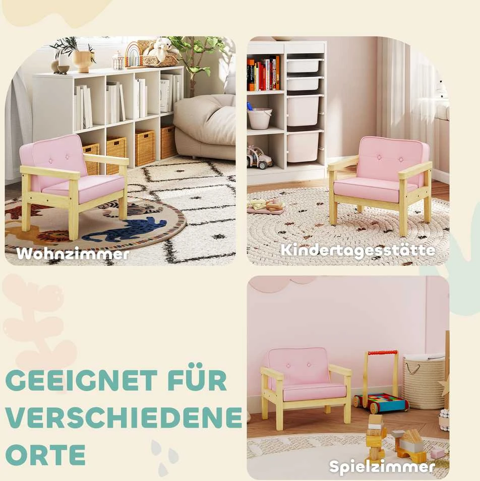AIYAPLAY vaikiškas fotelis, sofa su mediniu rėmu, velvėtinė, paminkštinta vaikiška kėdutė 3–8 metų vaikams, vaikų kambariui, žaidimų kambariui, rožinė